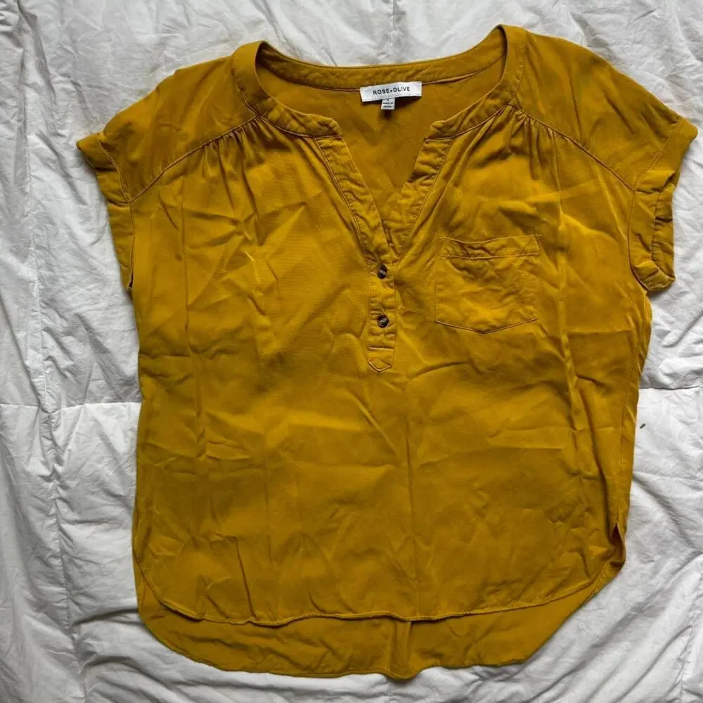 rose + Olive Golden yellow lightweight flowy top‎ sz L boho cottagecore boxy